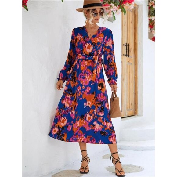 Printed Surplice Long Sleeve Midi Dress - Picture 10 of 11